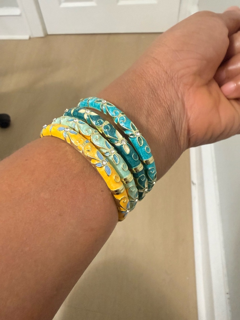 Stackable Enamel Bangle Set in Yellow and Teal - Women's Bracelet